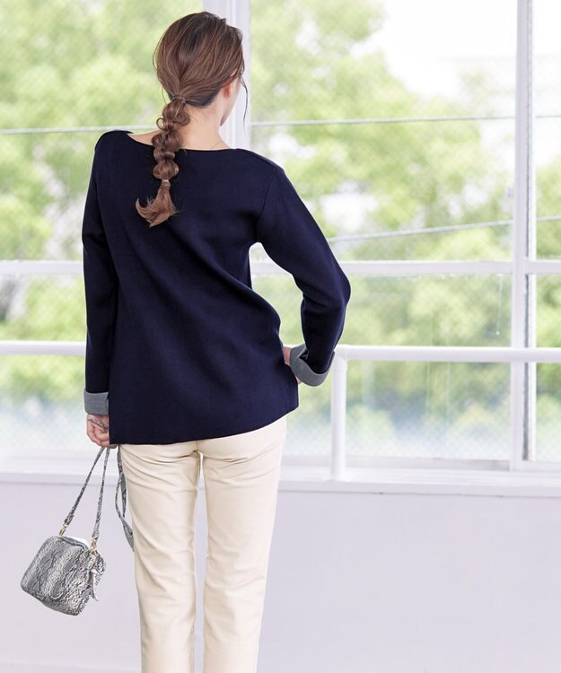 Tiaclasse L 【洗える】ダブルフェイスニットトップス ネイビー