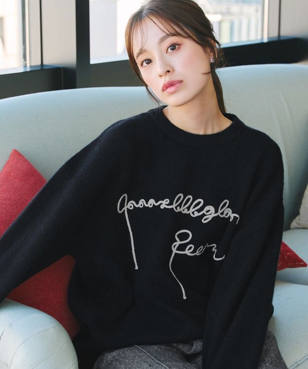 Tiaclasse 【洗える】テープ刺繍ロゴニットトップス ブラック