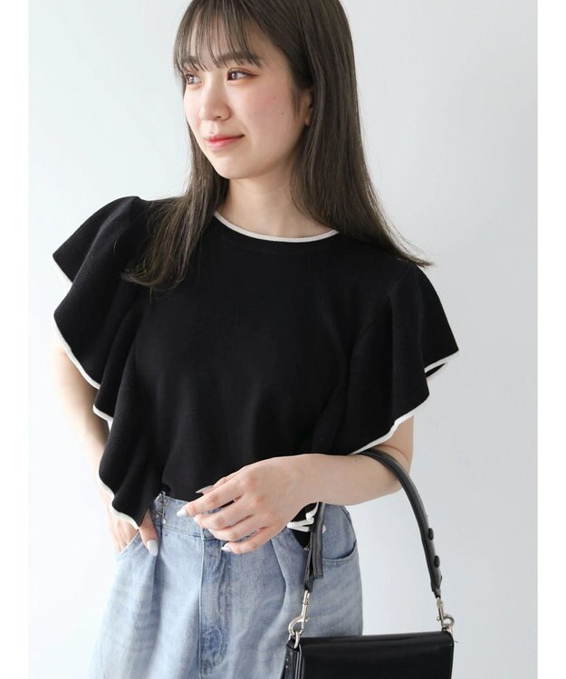 Green Parks 配色フリルニットプルオーバー Black