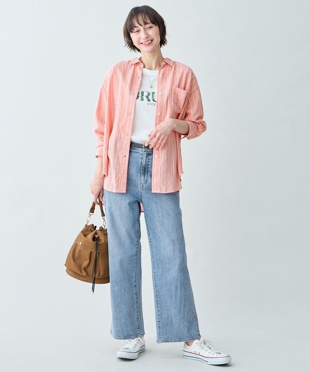 ANY 【Sサイズあり】ヨーロピアンリネンオーバーシャツ コーラルストライプ