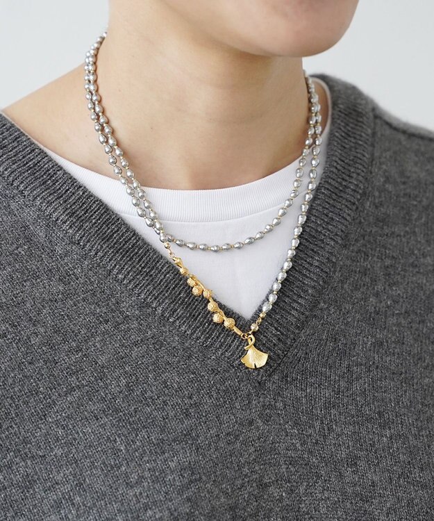 monshiro 【バロックパール/2WAY】イチョウロング ネックレス ゴールド×グレー