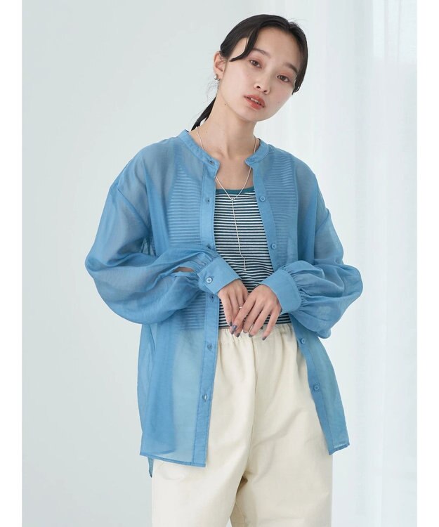 earth music&ecology シアーバンドカラーシャツ Blue