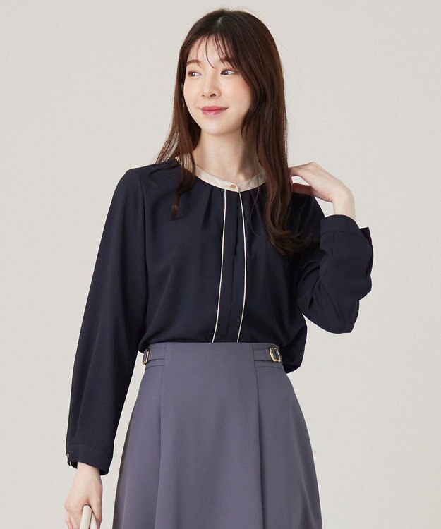 ANY SIS S 【洗える】フロントタック ブラウス ネイビー×アイボリー