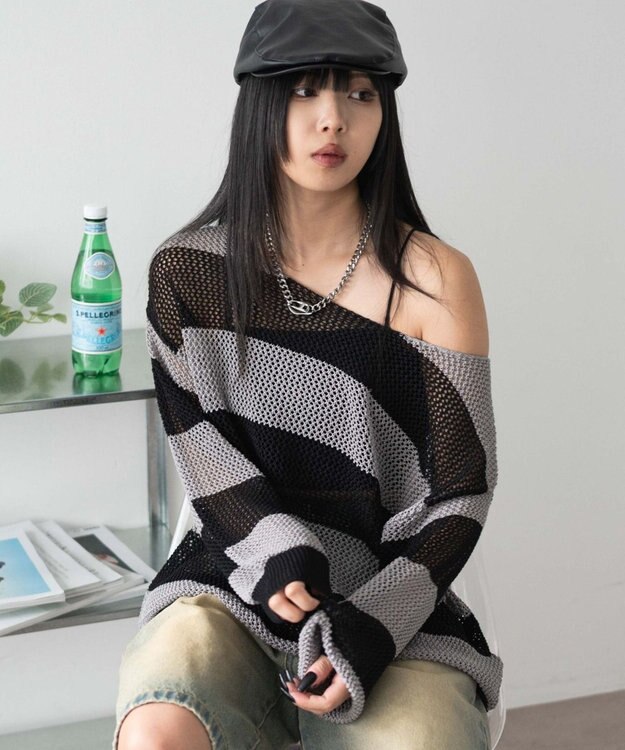 WEGO オフショルメッシュニット グレーボーダー