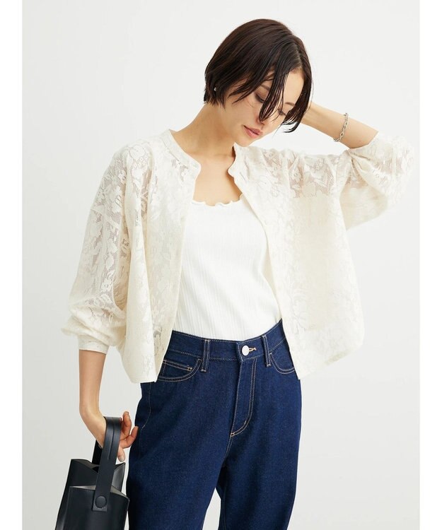 Green Parks ・ＥＬＥＮＣＡＲＥ　ＤＵＥ　バンドカラーレースシャツ Ivory