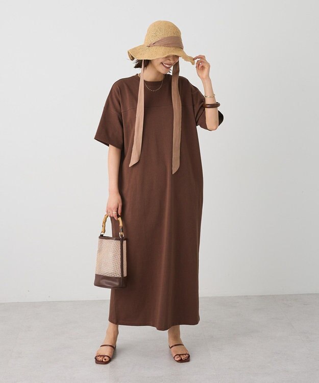 CRAFT STANDARD BOUTIQUE ビッグシルエット5分袖ワンピース Brown