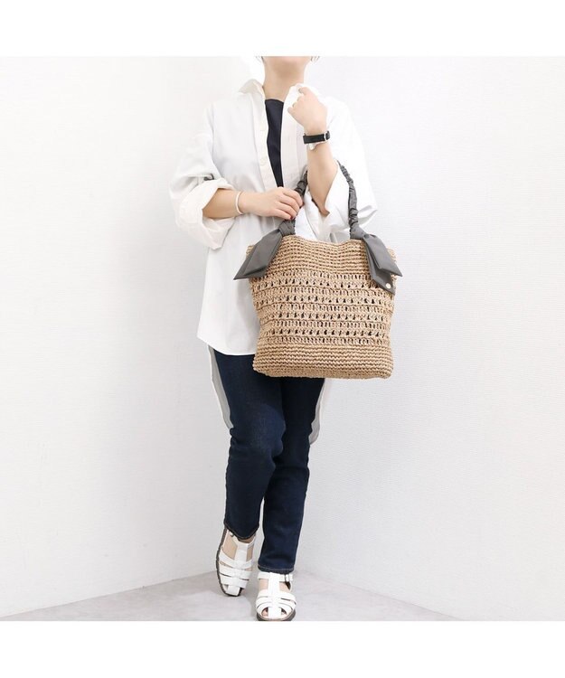UNBILLION カシュカシュ cachecache / 下がりリボン柄編みトート カゴバッグ GY