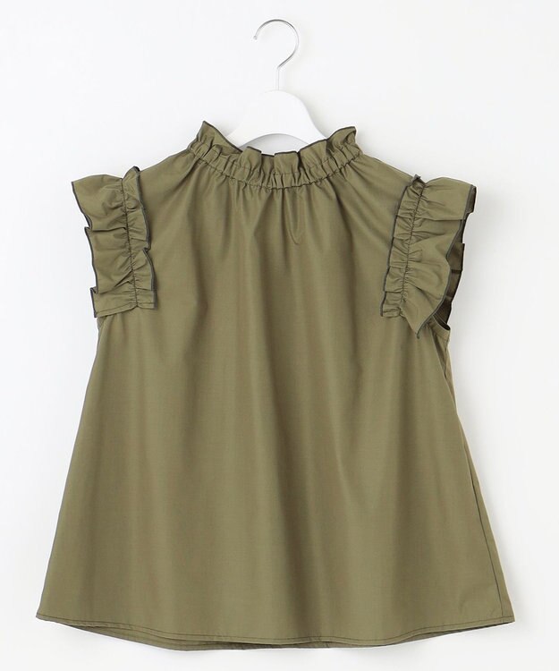 Feroux 【洗える】スタンドカラーフリルスリーブ ブラウス カーキ系