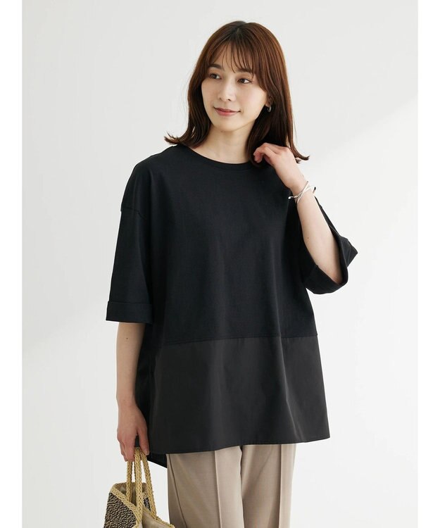 Green Parks ５分袖ドッキングバックスリットチュニック Black