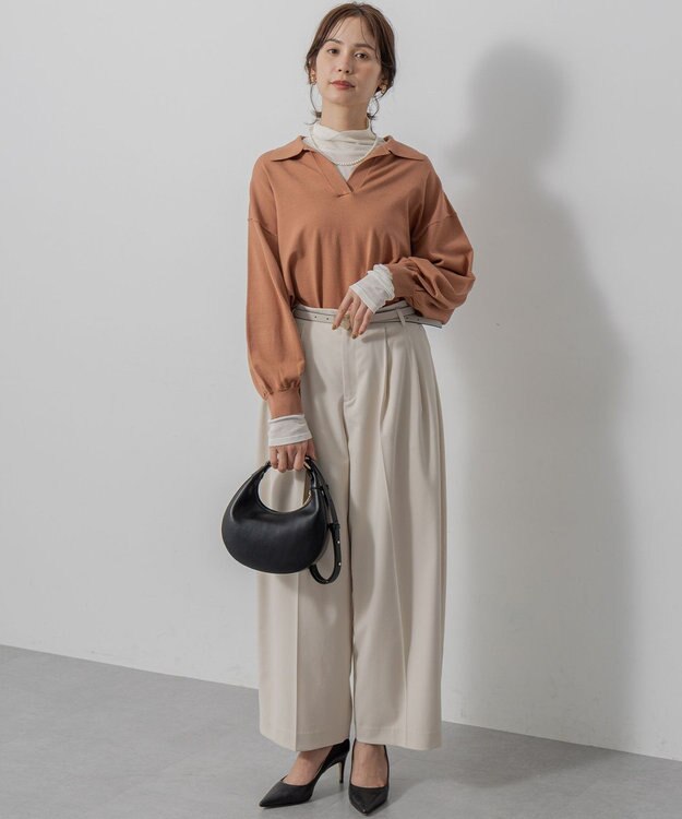 組曲 【加藤ローサさん着用】ポロ襟ストレッチニット キャメルテラコッタ系