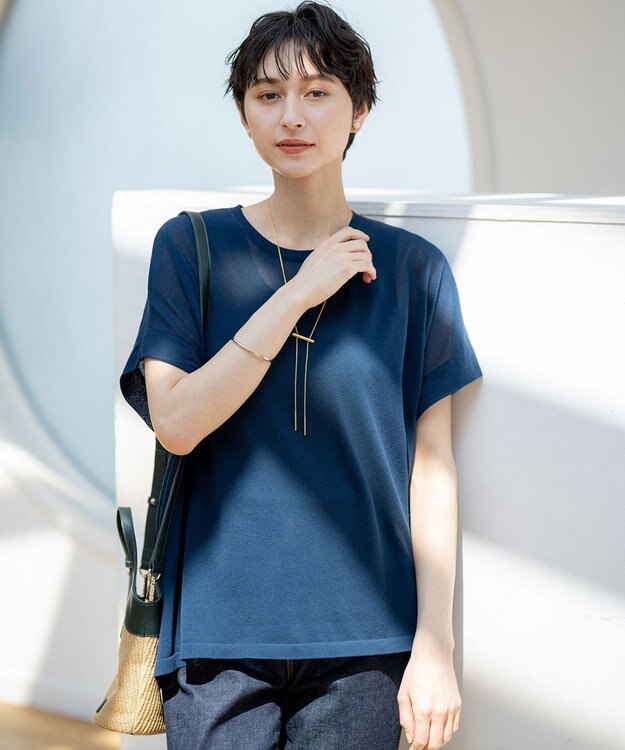 23区 【洗える】ライトシアー ハーフスリーブ ニット ダークブルー系