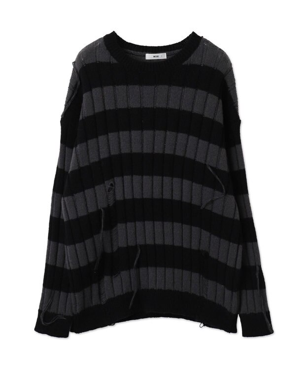 WEGO ボーダーワイドリブダメージニット スミクロ