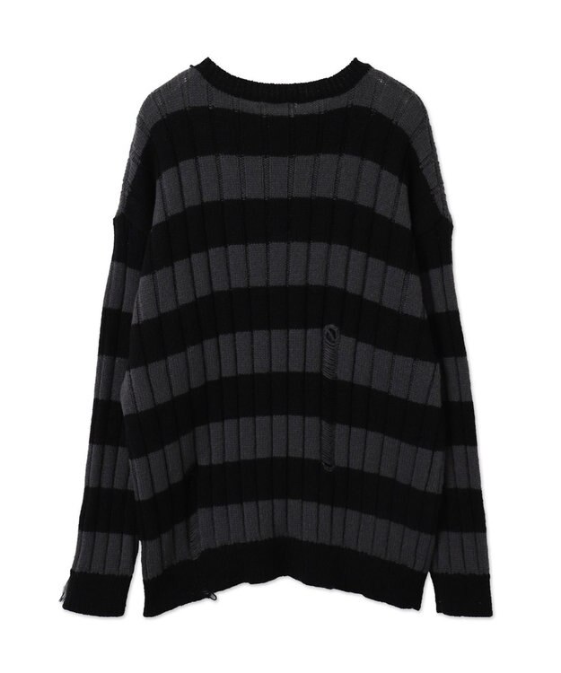 WEGO ボーダーワイドリブダメージニット スミクロ