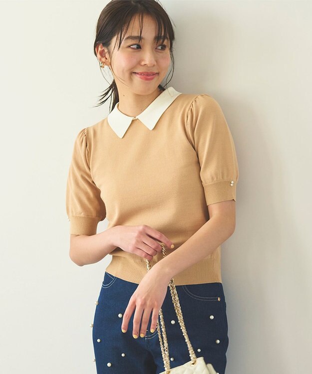 Feroux 【洗える】バイカラー襟 ニット ベージュ系