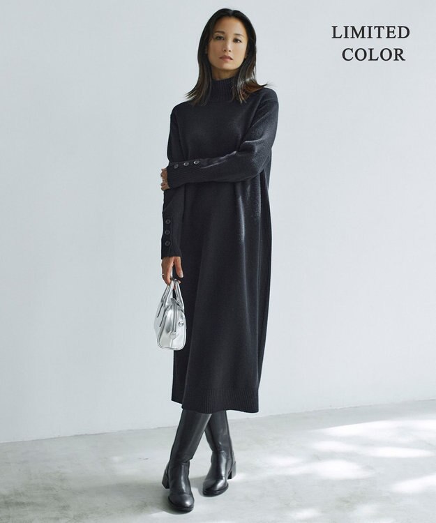 ICB 【WEB限定カラーあり・洗える】 ソフトカシミヤミックス ハイネックワンピース ブラック系［WEB限定］