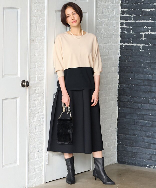 自由区 【洗える】クレープストレッチドルマンスリーブ7分袖 ニット ベージュ系1