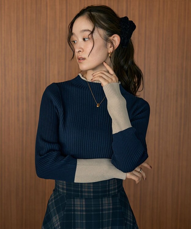 earth music&ecology ハイネックリブニットプルオーバー Navy