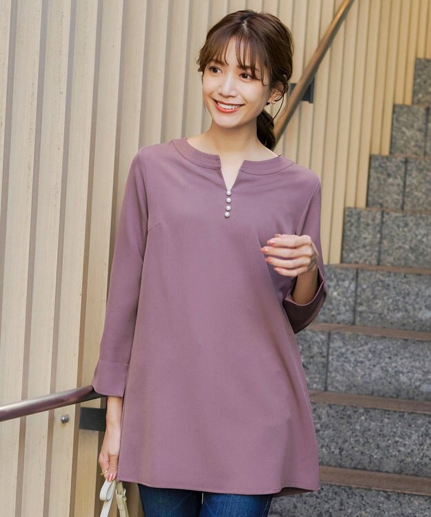 Tiaclasse 【ダブルストレッチ・洗える】スキッパーパールチュニックブラウス ピンク