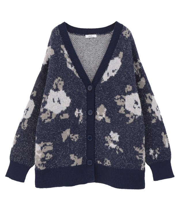 earth music&ecology フラワージャガードラメシャギーカーディガン Navy
