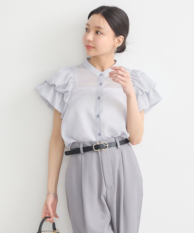 earth music&ecology ミニチェックバルーンスリーブブラウス Blue