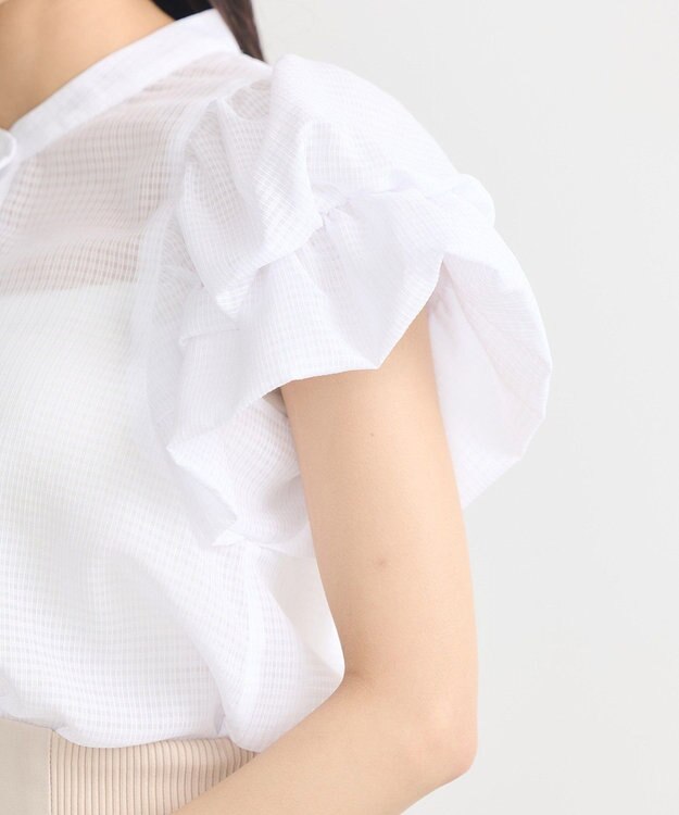 earth music&ecology ミニチェックバルーンスリーブブラウス Off White