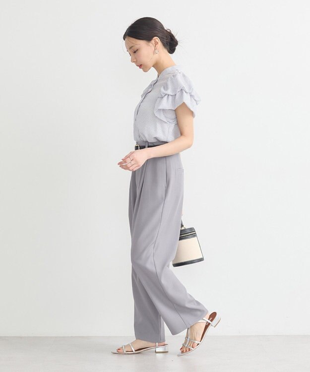 earth music&ecology ミニチェックバルーンスリーブブラウス Blue