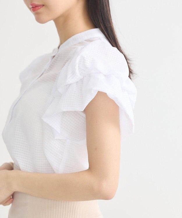 earth music&ecology ミニチェックバルーンスリーブブラウス Off White