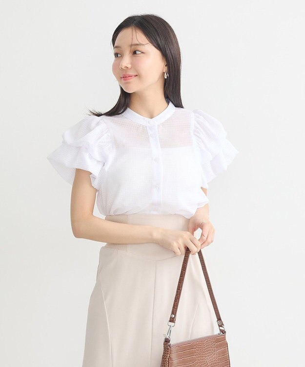 earth music&ecology ミニチェックバルーンスリーブブラウス Off White