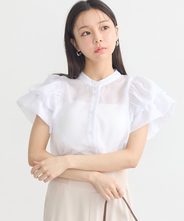 earth music&ecology ミニチェックバルーンスリーブブラウス Off White