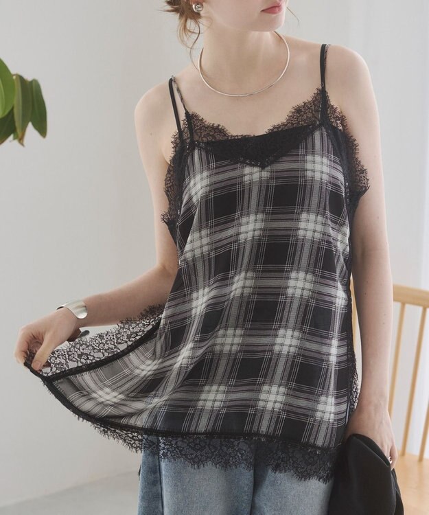 WEGO 【ANGIE VINTAGE】サテンレースキャミソール ブラックチェック1