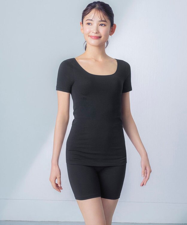 Wing あったかインナー オーガニックコットン混 やわらかくやさしい肌ざわり 【綿の贅沢オーガニック】 綿混 保温性 3分袖 半袖 秋 冬 EL4331 ウイング／ワコール ブラック