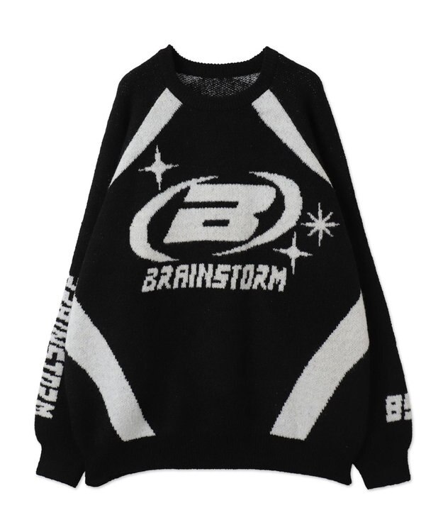 WEGO 配色スポーツグラフィックフラッフィーニットプルオーバー ブラック