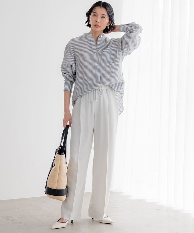 23区 S 【洗える】LIBECO バンドカラー シャツ カーキストライプ