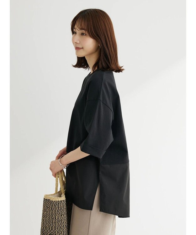 Green Parks ５分袖ドッキングバックスリットチュニック Black