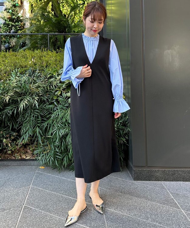 UNFILO 2WAYギャザーブラウス ブルー×オフストライプ