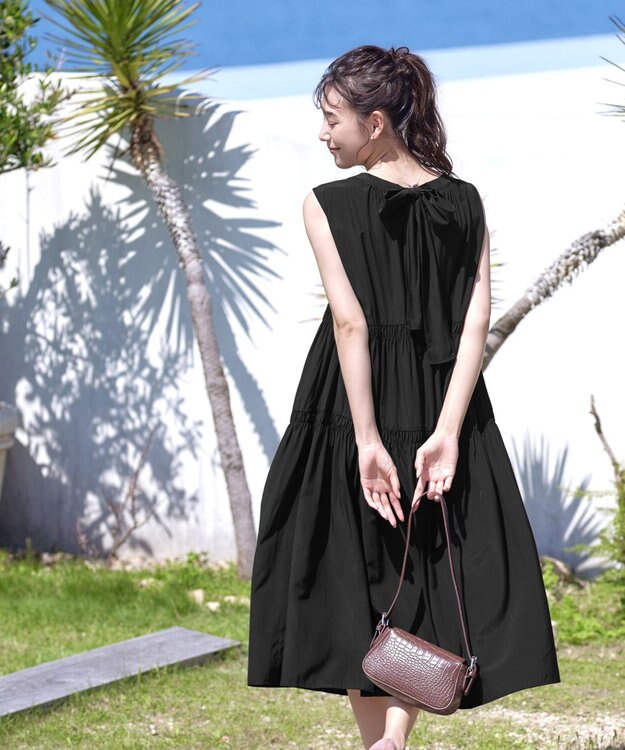 Tiaclasse 【洗える】後ろリボンシャーリングワンピース ブラック