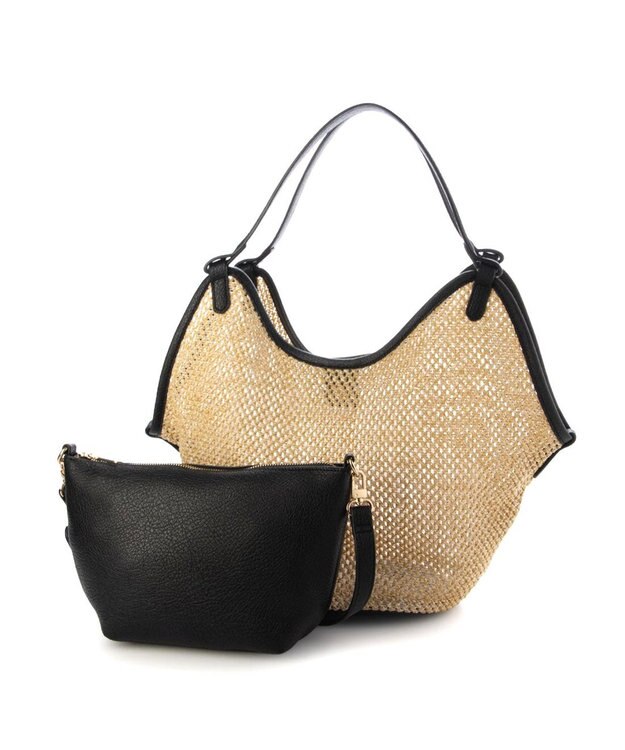 UNBILLION カシュカシュ cachecache / フェイクレザーショルダーバッグ付雑材風トート ブラックミックス