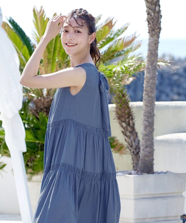 Tiaclasse 【洗える】後ろリボンシャーリングワンピース ブルー