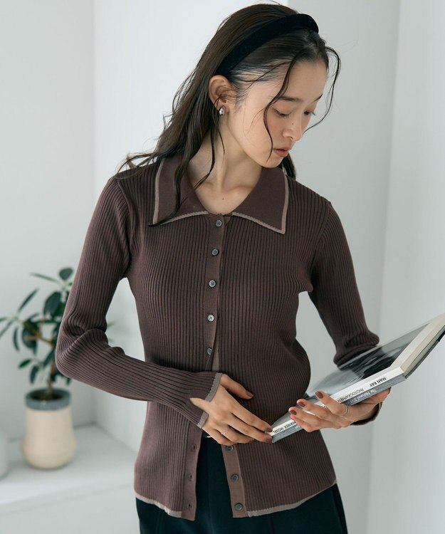 earth music&ecology バイカラートリムロングニットカーディガン Brown