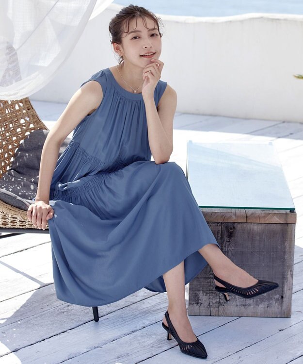 Tiaclasse 【洗える】後ろリボンシャーリングワンピース ブルー