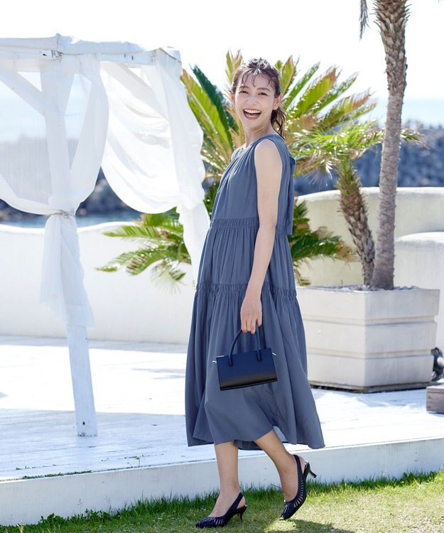 Tiaclasse 【洗える】後ろリボンシャーリングワンピース ブルー