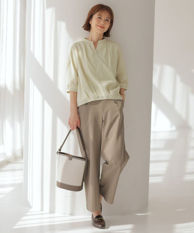 J.PRESS LADIES 【洗える】コットンブレンドチェック バンドカラー カットソー ライム系