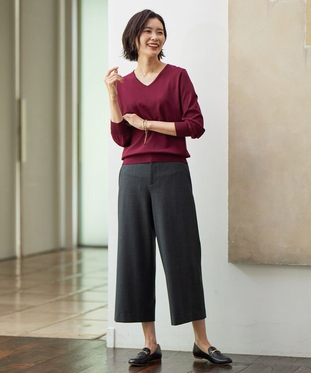 J.PRESS LADIES 【洗える】T/Rアルガンシルク チェック ワイド パンツ ライトグレー系3