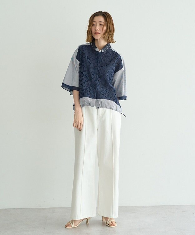 YECCA VECCA レースMIXレイヤードハーフスリーブシャツ Stripe