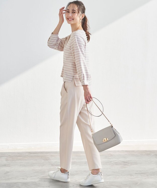 ANY SIS 【洗える】バックパール調ディテール カットソー ローズグレー×オフBD