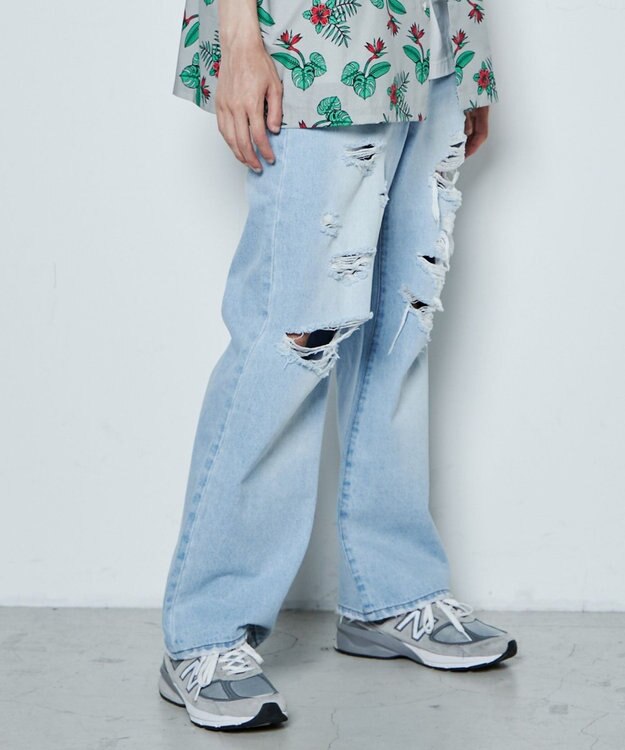 WEGO ダメージデニムワイドパンツ デニム淡色