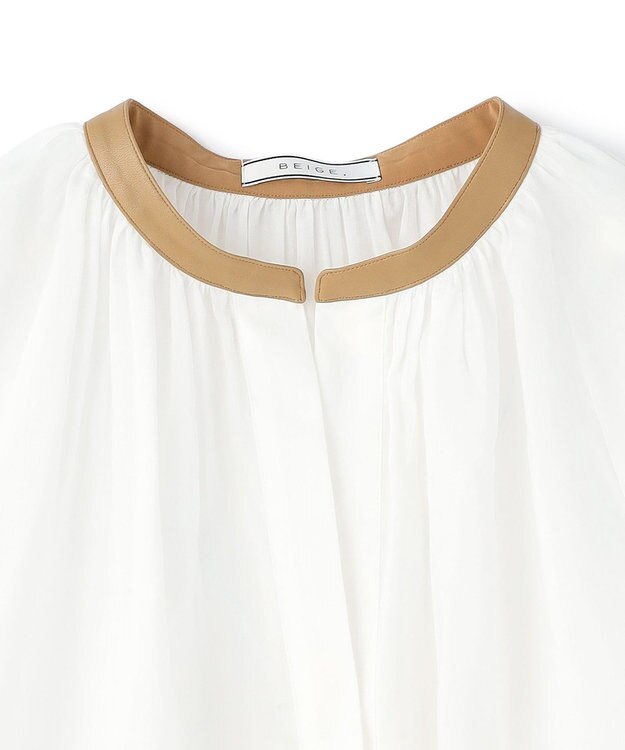 BEIGE， PAULINE / リネンヴィスコースフェイクレザー配色ブラウス White