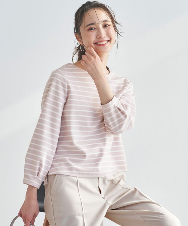 ANY SIS 【洗える】バックパール調ディテール カットソー ローズグレー×オフBD