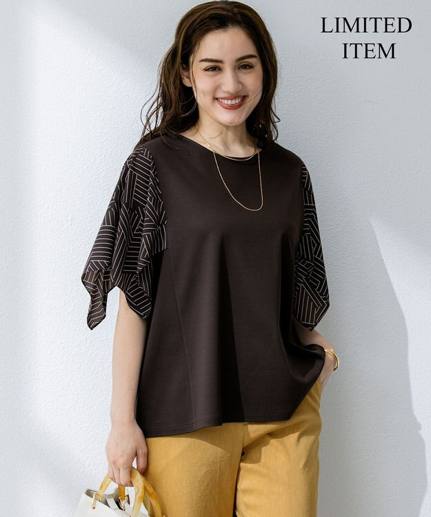 23区 L 【Lサイズ限定/洗える】スカーフプリントコンビ スリーブデザイン カットソー ブラウン×ベージュ