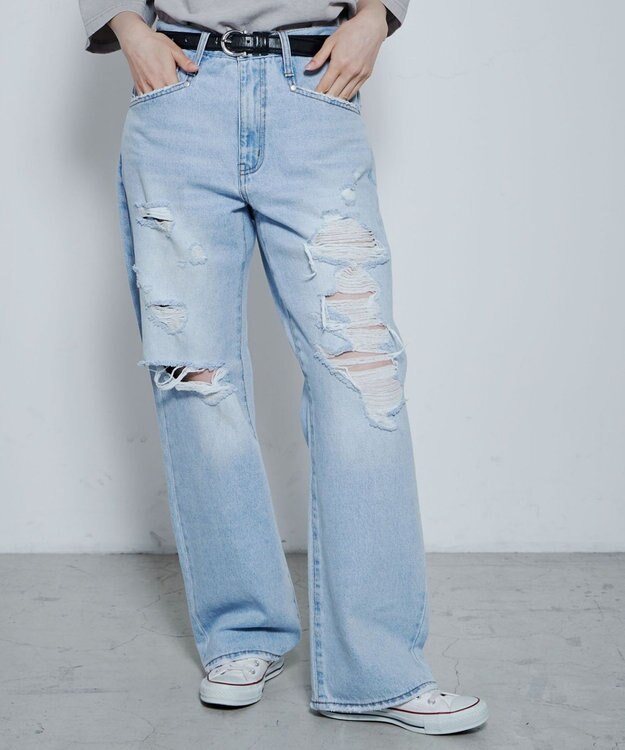 WEGO ダメージデニムワイドパンツ デニム淡色